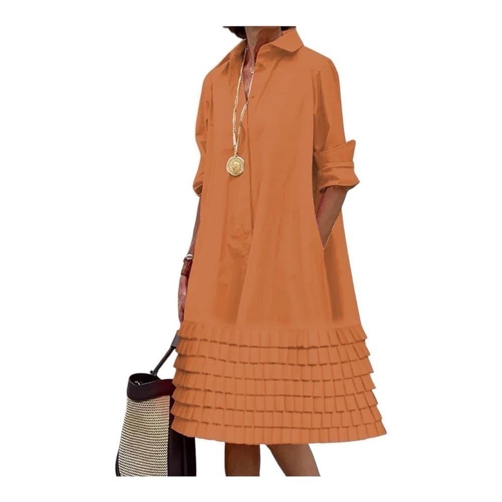 Uoozie A-Line Long Sleeves Layered Pleated with Pockets Solid Color  - Large